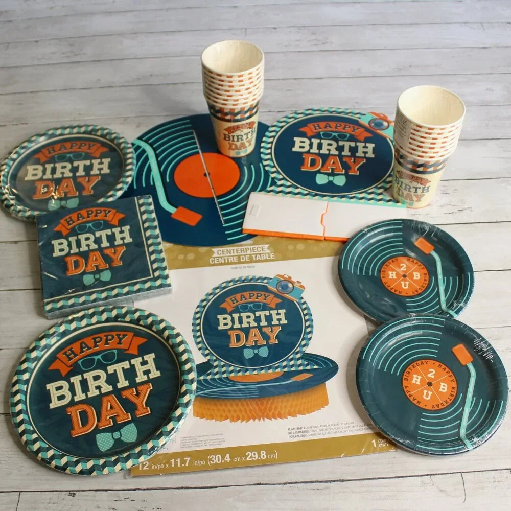 Men's Hipster Birthday Paper Plates Cups Party Supplies Vintage Retro